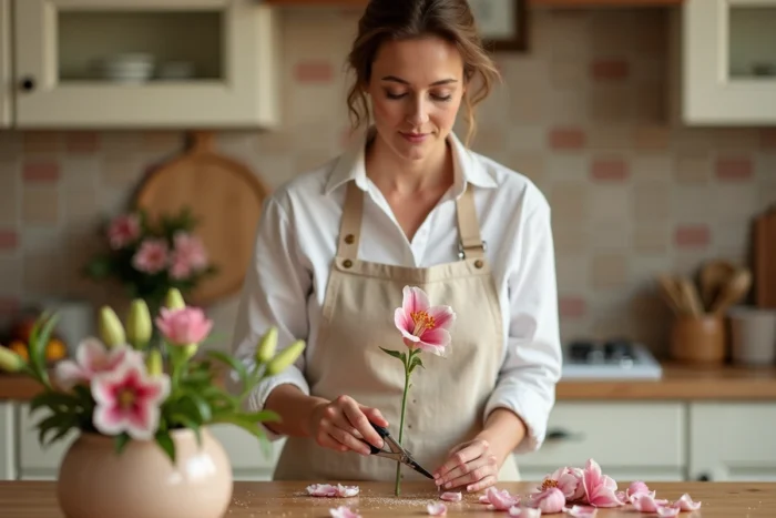 Femme coupant le pistil d'un lys rose avec des ciseaux sur une table en bois, guide pratique entretien des lys
