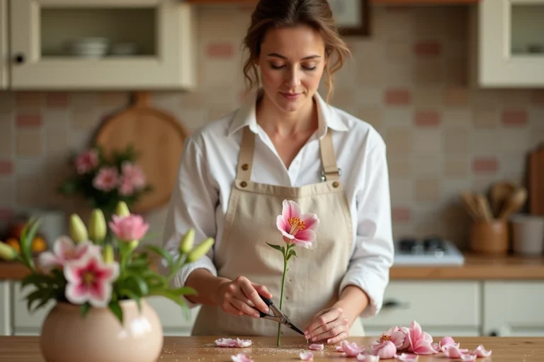 Femme coupant le pistil d'un lys rose avec des ciseaux sur une table en bois, guide pratique entretien des lys