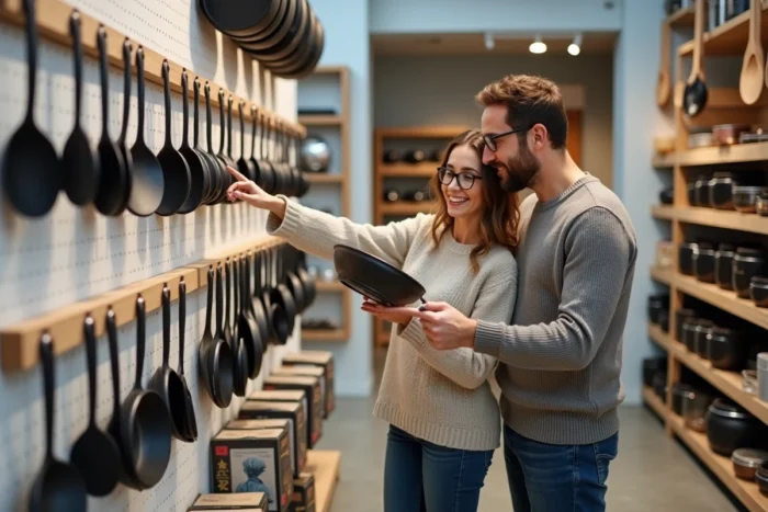 Couple parcourant un présentoir d'ustensiles de cuisine dans un magasin moderne d'articles ménagers