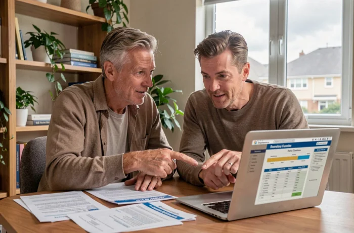 Couple comparant des offres d'assurance voyage sur ordinateur portable avec des documents imprimés à leur bureau