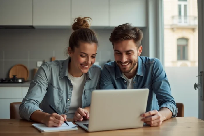 Couple consultant ensemble la liste noire des promoteurs immobiliers sur ordinateur portable dans un appartement français