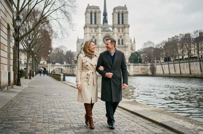 Couple élégant se promenant au bord de la Seine en hiver avec Notre-Dame en arrière-plan