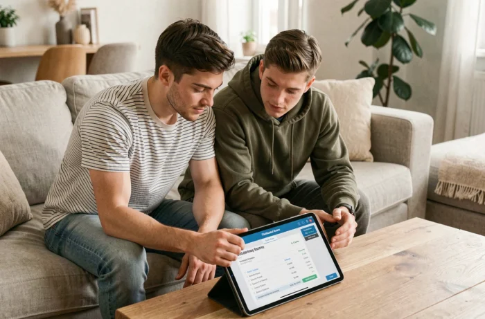 Couple vérifiant ensemble une facture Free impayée sur tablette dans le salon