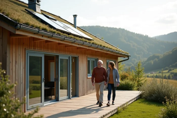 Couple devant une maison passive en bois avec toiture végétalisée, panneaux solaires et jardin de plantes indigènes