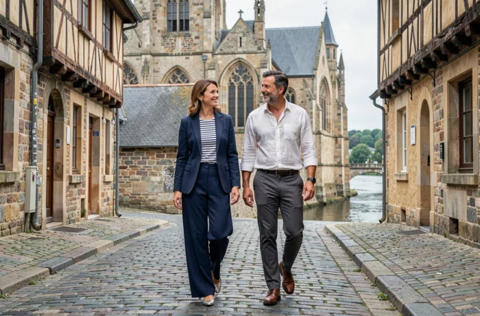 Couple tendance se promenant dans les rues pavées historiques de Quimper en tenues de mode contemporaine