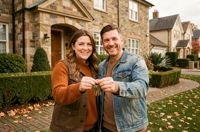Couple de nouveaux propriétaires devant leur maison avec les clés en main en automne