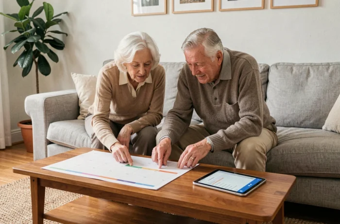 Couple de personnes âgées consultant ensemble un calendrier imprimable et une tablette dans le salon