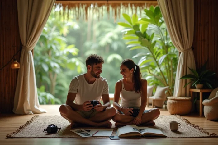 Couple planifiant un voyage en feuilletant des carnets et photos sur un tapis dans un bungalow en bois ouvert sur la jungle tropicale
