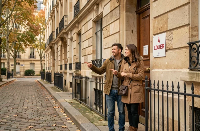Couple devant un immeuble avec panneau à louer, recherche de logement en location dans une rue française