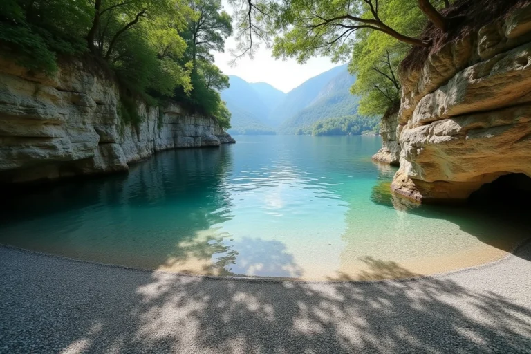 Crique secrète et rocheuse au bord du lac du Bourget avec eau turquoise et falaises calcaires