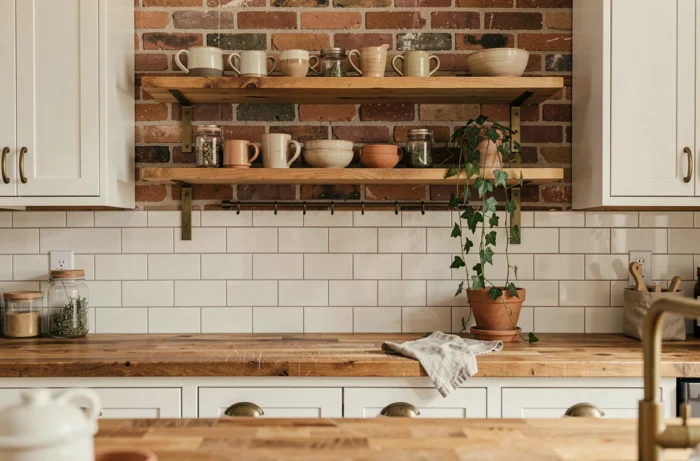 Étagères de cuisine décorées avec céramiques artisanales, plantes et bocaux en verre pour un intérieur chaleureux et tendance