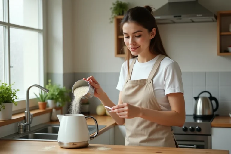 Femme versant du riz dans une bouilloire électrique sur un plan de travail en bois dans une cuisine moderne