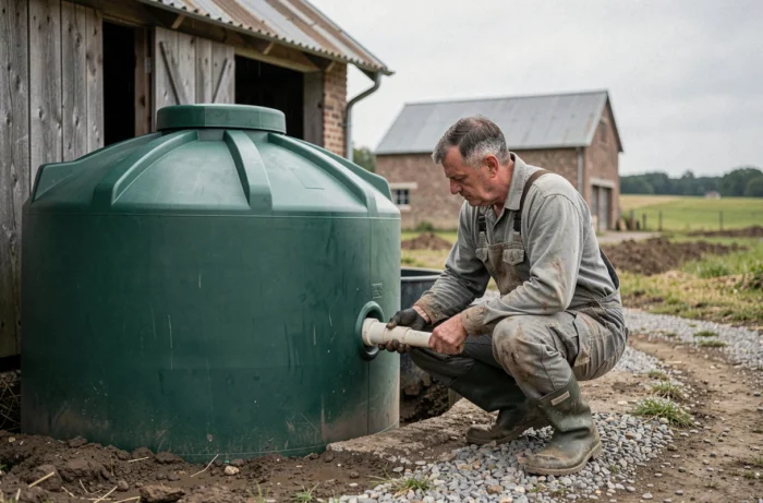 Agriculteur inspectant une grande cuve de récupération d'eau de pluie enterrée près d'une grange agricole en France