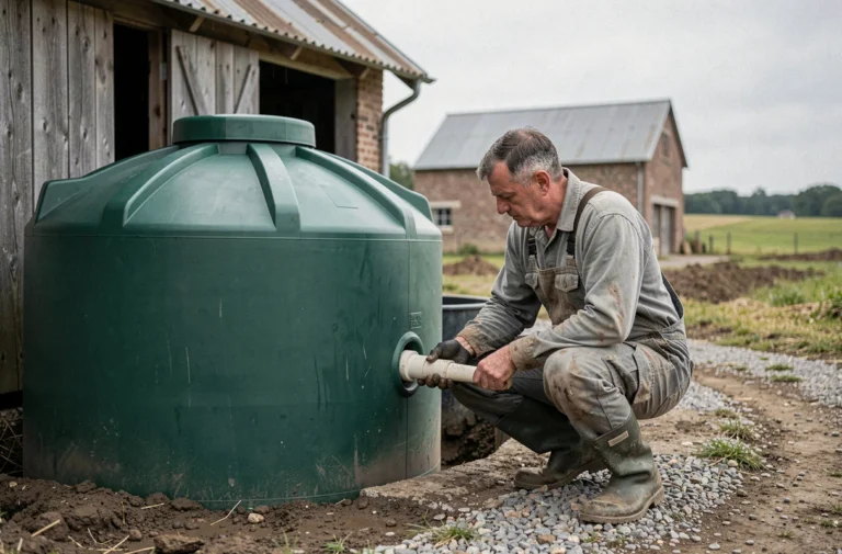 Agriculteur inspectant une grande cuve de récupération d'eau de pluie enterrée près d'une grange agricole en France