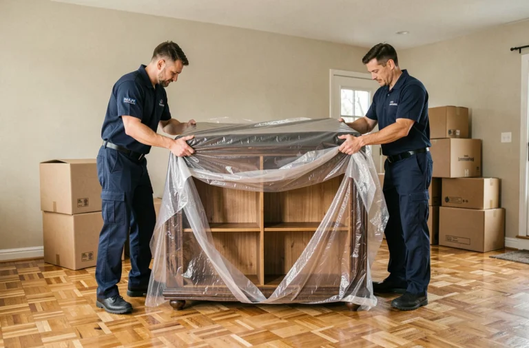 Deux déménageurs professionnels en uniforme emballant soigneusement des meubles avec des couvertures de protection dans un salon avant un déménagement