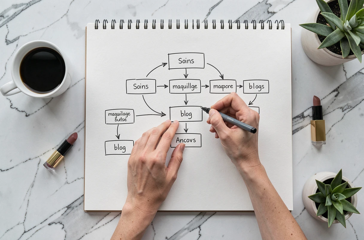 Mains dessinant un sitemap de navigation pour un site web de beauté sur une feuille blanche avec des annotations