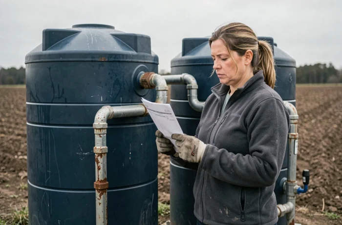 Femme agricultrice consultant un devis tarifaire devant des cuves de stockage d'eau pluviale en polyéthylène sur une exploitation agricole