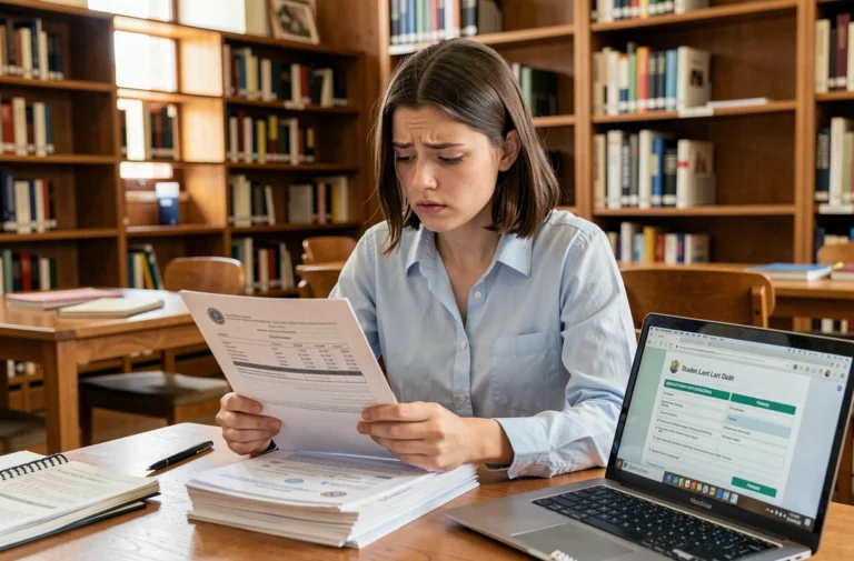 Jeune étudiante consultant ses documents pour une demande de prêt étudiant dans une bibliothèque universitaire
