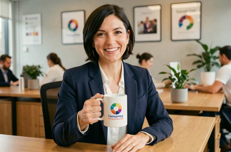 Employée souriante tenant un gobelet personnalisé aux couleurs de son entreprise dans un open space moderne
