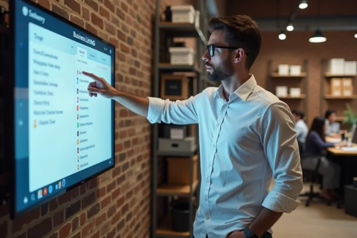 Entrepreneur utilisant un écran interactif pour référencer son entreprise dans un annuaire professionnel