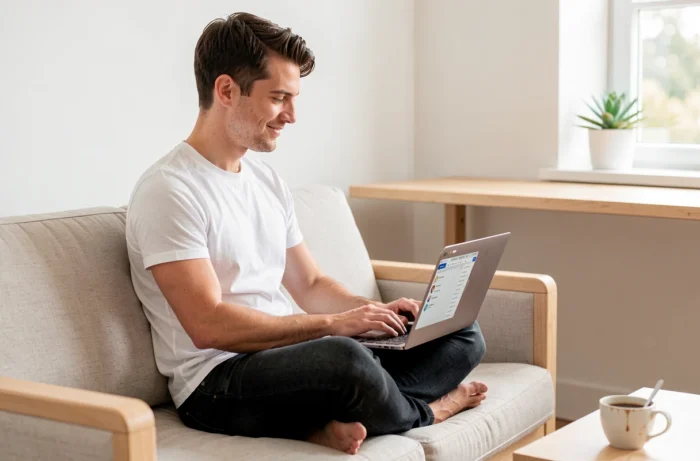 Jeune entrepreneur travaillant sur des outils digitaux depuis son bureau à domicile pour booster son business