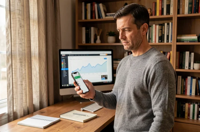 Entrepreneur masculin gérant sa stratégie de médias sociaux depuis son bureau à domicile avec smartphone et écran
