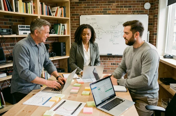 Équipe professionnelle collaborant autour d'outils digitaux pour optimiser la stratégie business