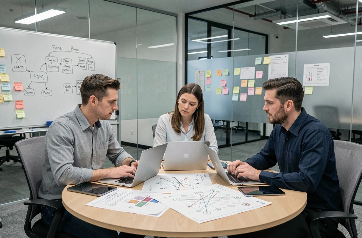 Équipe de professionnels collaborant sur des solutions innovantes de gestion informatique en salle de réunion