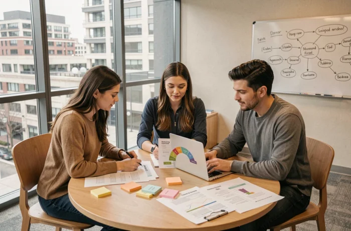 Équipe de jeunes entrepreneurs collaborant sur une stratégie de marketing digital autour d'une table de réunion moderne