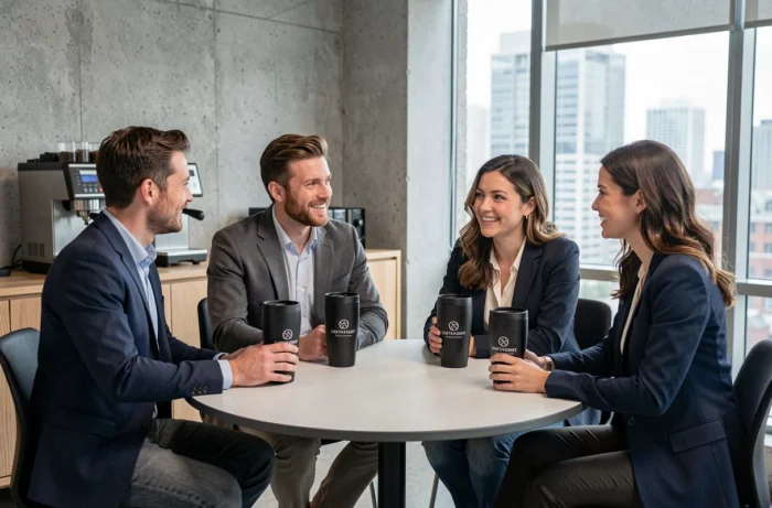 Équipe de collègues réunis autour de gobelets personnalisés à l'effigie de leur entreprise lors d'une pause café