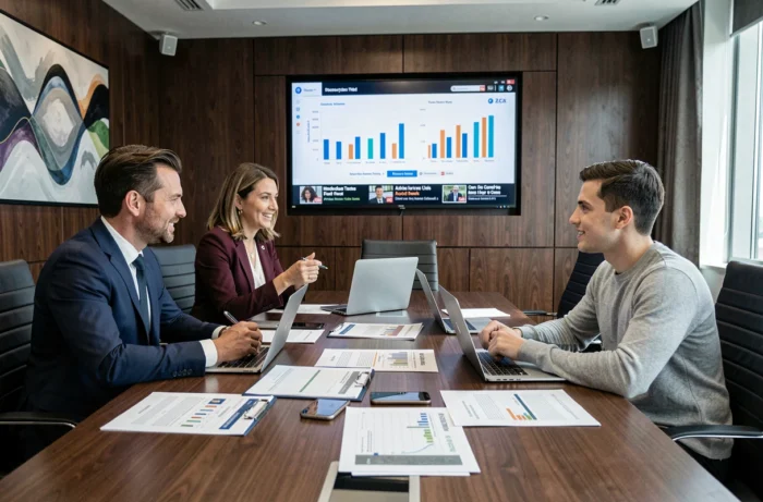 Équipe de professionnels en réunion d'affaires analysant les tendances du marché et les actualités économiques