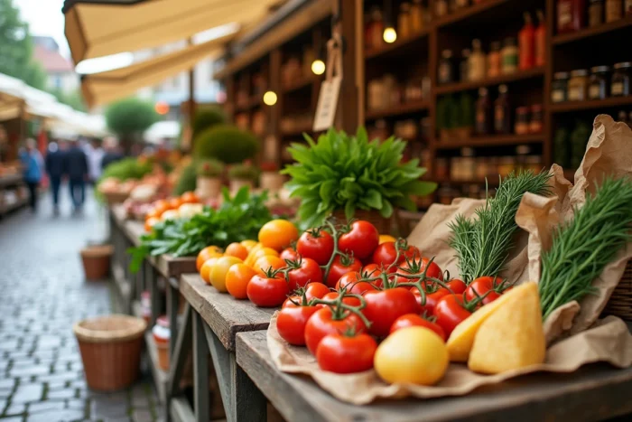 Étal de marché gourmand avec légumes anciens, fromages artisanaux et conserves maison disposés sur une table en bois rustique