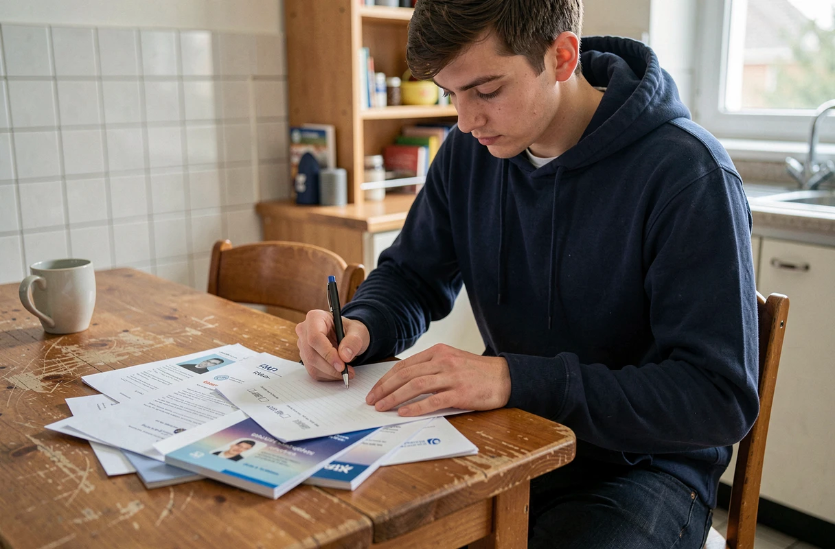 Étudiant organisant ses documents administratifs pour une demande de prêt dans son appartement