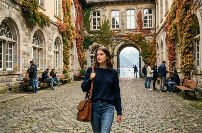 Étudiante traversant une cour universitaire suisse pavée à Lausanne avec vue sur le lac Léman en arrière-plan