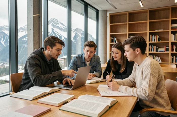Groupe d'étudiants en session d'étude collaborative dans une bibliothèque universitaire suisse moderne avec vue sur les Alpes