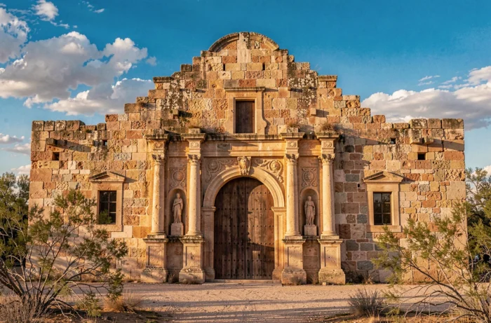 Façade historique de l'Alamo à San Antonio, Texas, avec ses murs en calcaire et son architecture coloniale espagnole