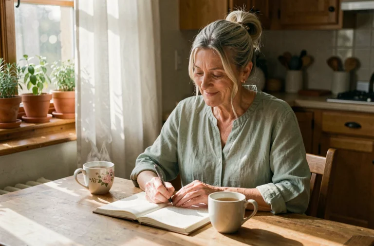 Femme de 60 ans épanouie écrivant dans son journal autour d'une tasse de thé dans une cuisine chaleureuse