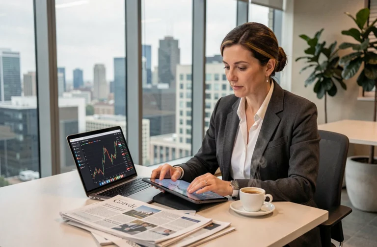 Femme d'affaires professionnelle consultant des données boursières en temps réel sur tablette dans un bureau moderne