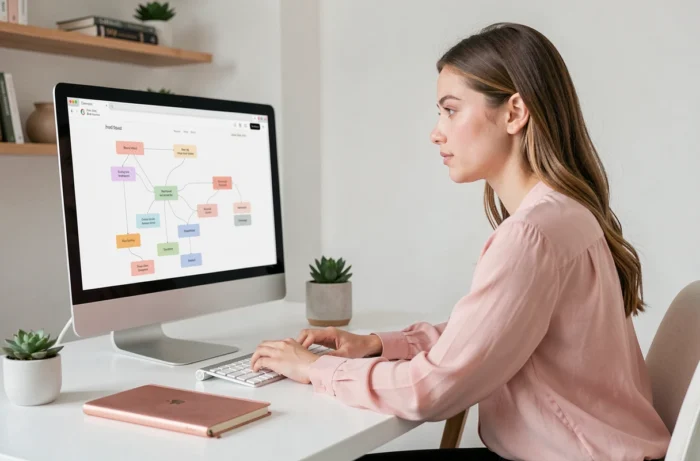 Femme professionnelle analysant un sitemap de site beauté sur un écran d'ordinateur dans un bureau minimaliste