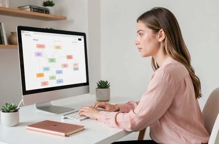 Femme professionnelle analysant un sitemap de site beauté sur un écran d'ordinateur dans un bureau minimaliste