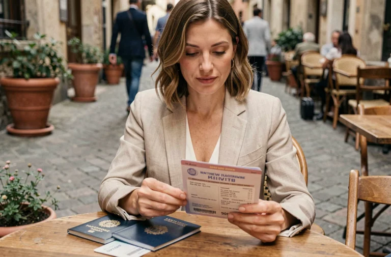 Femme consultant une brochure d'assurance voyage avec passeport et carte d'embarquement sur une terrasse européenne