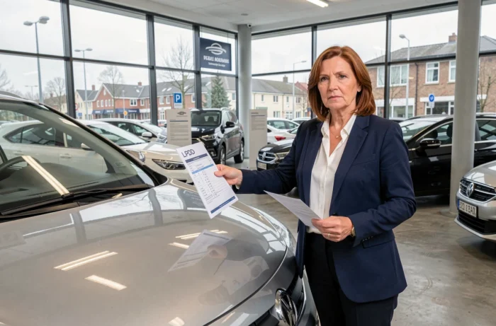 Femme en concession automobile étudiant une fiche fiabilité LPDD avant d'acheter un véhicule