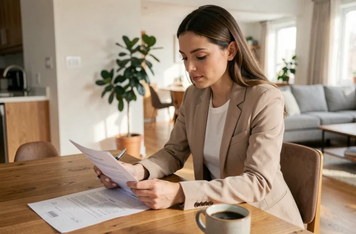 Femme examinant un contrat de location dans un appartement moderne, conseils pour réussir sa location immobilière