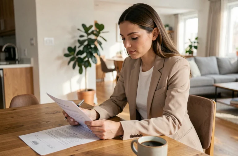 Femme examinant un contrat de location dans un appartement moderne, conseils pour réussir sa location immobilière