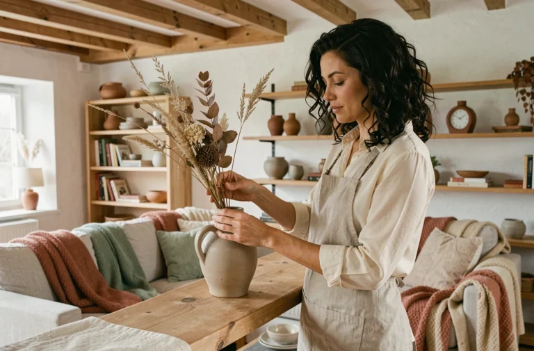 Femme arrangeant des fleurs séchées dans un salon scandinave chaleureux avec étagères en bois et textiles naturels