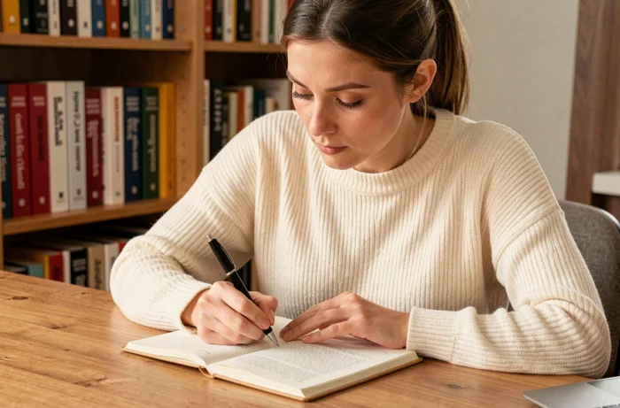 Femme écrivant dans un carnet de grammaire française à son bureau, illustrant les règles d'orthographe de l'expression à tout à l'heure