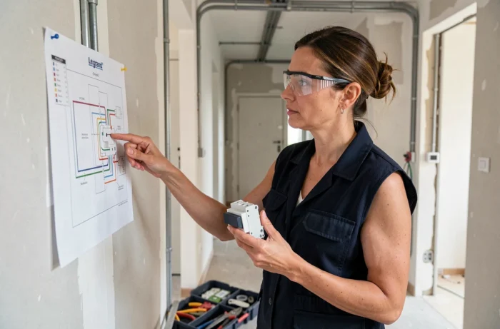 Femme électricienne consultant un schéma de câblage pour brancher un bouton poussoir Legrand dans un couloir en rénovation