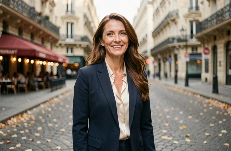 Femme élégante aux cheveux châtains sur un boulevard parisien en automne, style éditorial