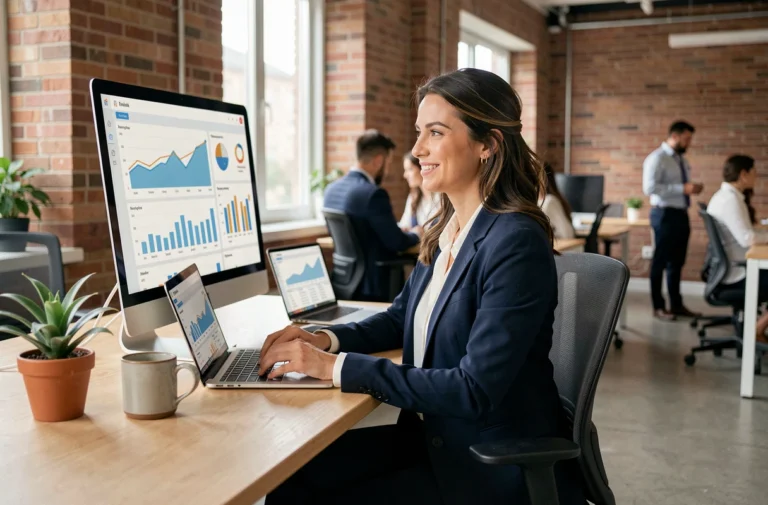 Femme entrepreneure analysant des données de médias digitaux sur ordinateur dans un espace de coworking moderne