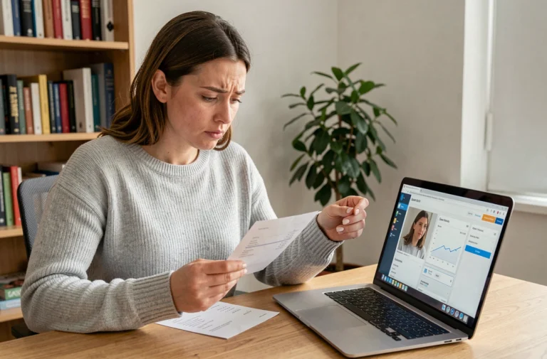 Femme consultant sa facture Free impayée sur ordinateur portable à domicile
